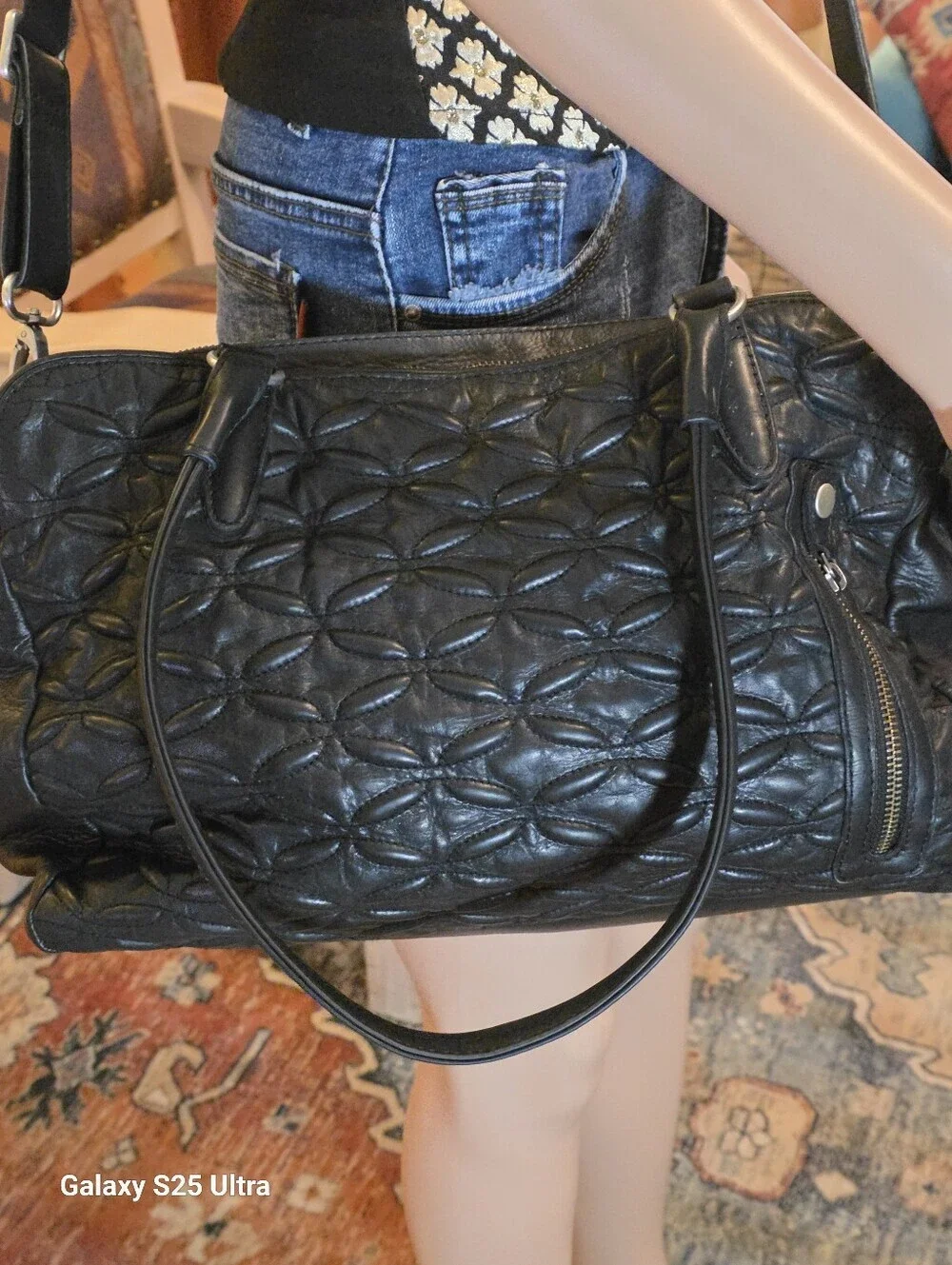 BLACK QUILTED Floral Genuine LEATHER Oversized Satchel/Crossbody SLOUCHY EUC